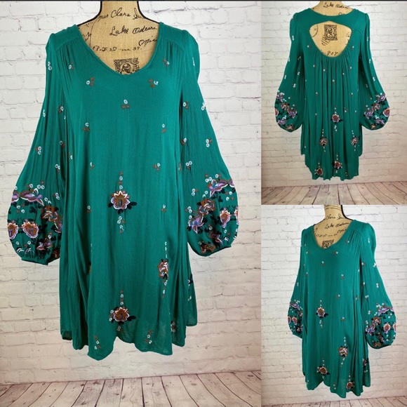 Free People Crinkly Oversized Embroidered Peekaboo Back Bell Sleeve Dress - Picture 1 of 1